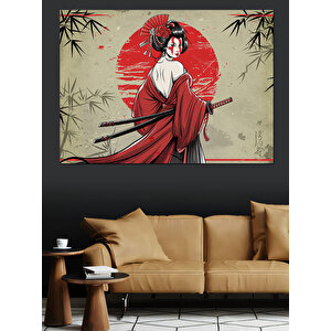 Kırmızı Güneş Ve Samuray Kadın Dekoratif Kanvas - Mdf Ahşap Tablo 25x35 cm