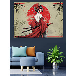 Kırmızı Güneş Ve Samuray Kadın Dekoratif Kanvas - Mdf Ahşap Tablo 25x35 cm