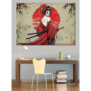 Kırmızı Güneş Ve Samuray Kadın Dekoratif Kanvas - Mdf Ahşap Tablo