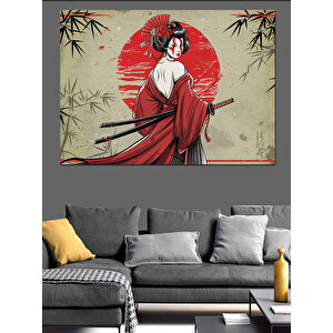 Kırmızı Güneş Ve Samuray Kadın Dekoratif Kanvas - Mdf Ahşap Tablo