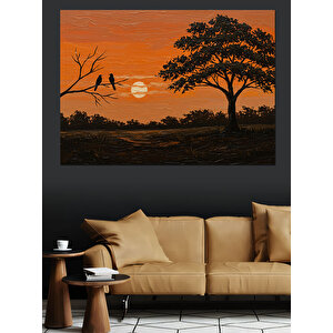 Gün Batımında Uzak Ağaç Dekoratif Kanvas - Mdf Ahşap Tablo