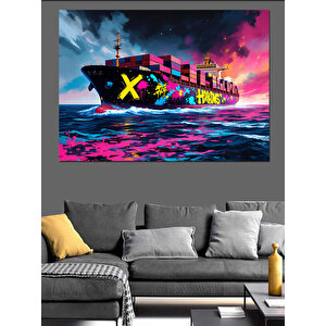 Neon Renkli Kargo Gemisi Dekoratif Kanvas - Mdf Ahşap Tablo 35x50 cm