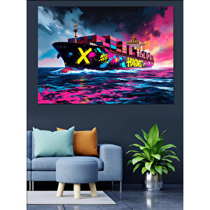 Neon Renkli Kargo Gemisi Dekoratif Kanvas - Mdf Ahşap Tablo 35x50 cm