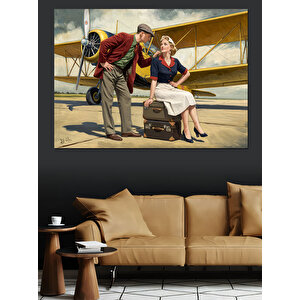 Nostaljik Uçak Yanı Sohbet Dekoratif Kanvas - Mdf Ahşap Tablo 50x70 cm