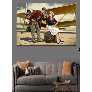 Nostaljik Uçak Yanı Sohbet Dekoratif Kanvas - Mdf Ahşap Tablo 50x70 cm