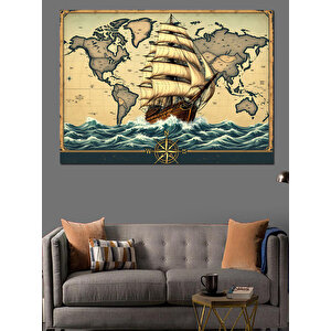 Eski Haritalı Yelkenli Gemi Dekoratif Kanvas - Mdf Ahşap Tablo 70x100 cm