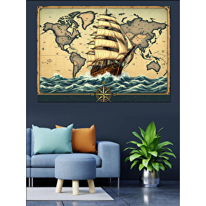 Eski Haritalı Yelkenli Gemi Dekoratif Kanvas - Mdf Ahşap Tablo