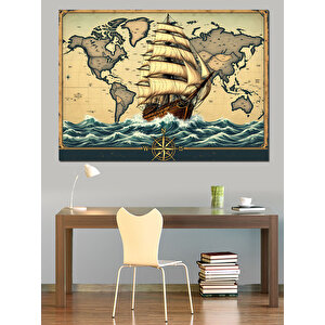 Eski Haritalı Yelkenli Gemi Dekoratif Kanvas - Mdf Ahşap Tablo 50x70 cm