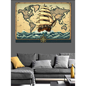 Eski Haritalı Yelkenli Gemi Dekoratif Kanvas - Mdf Ahşap Tablo 50x70 cm