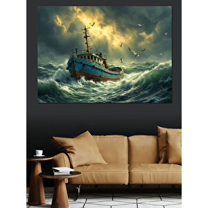 Fırtınada Yalnız Gemi Dekoratif Kanvas - Mdf Ahşap Tablo 35x50 cm