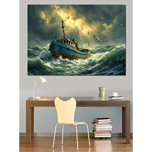 Fırtınada Yalnız Gemi Dekoratif Kanvas - Mdf Ahşap Tablo