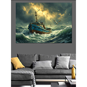 Fırtınada Yalnız Gemi Dekoratif Kanvas - Mdf Ahşap Tablo