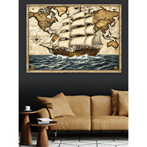 Eski Dünya Haritası Ve Gemi Dekoratif Kanvas - Mdf Ahşap Tablo 70x100 cm