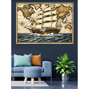 Eski Dünya Haritası Ve Gemi Dekoratif Kanvas - Mdf Ahşap Tablo 70x100 cm
