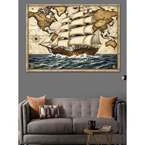 Eski Dünya Haritası Ve Gemi Dekoratif Kanvas - Mdf Ahşap Tablo 70x100 cm