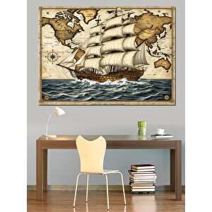 Eski Dünya Haritası Ve Gemi Dekoratif Kanvas - Mdf Ahşap Tablo