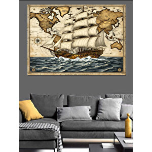 Eski Dünya Haritası Ve Gemi Dekoratif Kanvas - Mdf Ahşap Tablo
