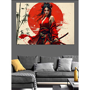 Kırmızı Güneşli Japon Kadın Dekoratif Kanvas - Mdf Ahşap Tablo 70x100 cm