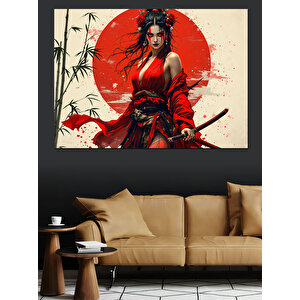 Kırmızı Güneşli Japon Kadın Dekoratif Kanvas - Mdf Ahşap Tablo 70x100 cm