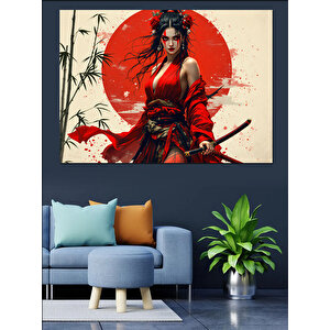 Kırmızı Güneşli Japon Kadın Dekoratif Kanvas - Mdf Ahşap Tablo 70x100 cm