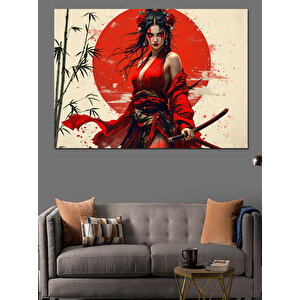 Kırmızı Güneşli Japon Kadın Dekoratif Kanvas - Mdf Ahşap Tablo