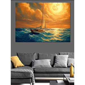 Altın Işıltılı Yelkenli Gemi Dekoratif Kanvas - Mdf Ahşap Tablo 100x140 cm
