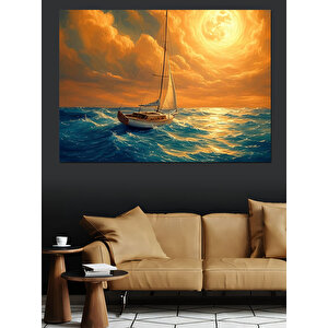 Altın Işıltılı Yelkenli Gemi Dekoratif Kanvas - Mdf Ahşap Tablo 100x140 cm