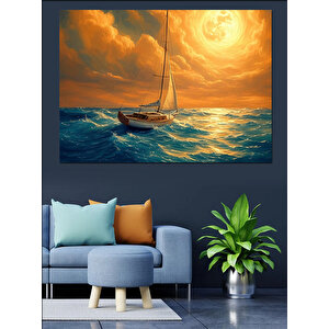 Altın Işıltılı Yelkenli Gemi Dekoratif Kanvas - Mdf Ahşap Tablo 100x140 cm