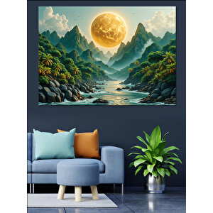 Altın Güneşli Dağ Manzarası Dekoratif Kanvas - Mdf Ahşap Tablo 70x100 cm