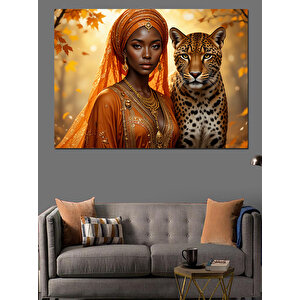 Leopar Yanında Afrika Kadın Dekoratif Kanvas - Mdf Ahşap Tablo 70x100 cm