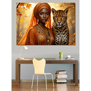 Leopar Yanında Afrika Kadın Dekoratif Kanvas - Mdf Ahşap Tablo 70x100 cm