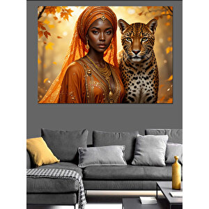 Leopar Yanında Afrika Kadın Dekoratif Kanvas - Mdf Ahşap Tablo 70x100 cm