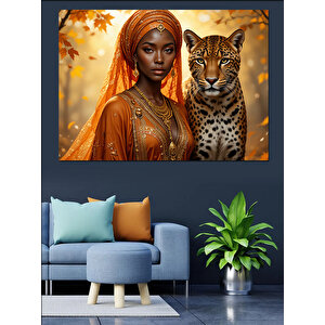 Leopar Yanında Afrika Kadın Dekoratif Kanvas - Mdf Ahşap Tablo