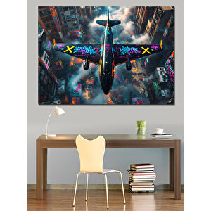 Şehre Düşen Uçak Dekoratif Kanvas - Mdf Ahşap Tablo
