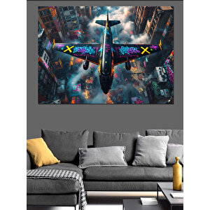 Şehre Düşen Uçak Dekoratif Kanvas - Mdf Ahşap Tablo