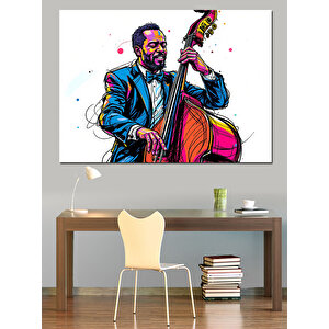 Kontrbas Çalan Caz Müzisyeni Dekoratif Kanvas - Mdf Ahşap Tablo 50x70 cm