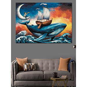 Balina Sırtında Gemi Dekoratif Kanvas - Mdf Ahşap Tablo