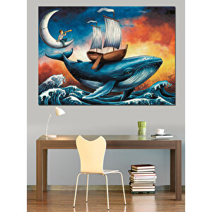Balina Sırtında Gemi Dekoratif Kanvas - Mdf Ahşap Tablo