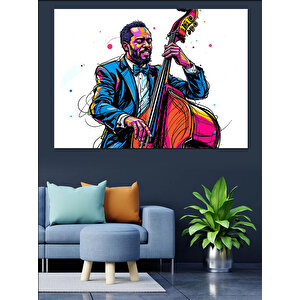 Kontrbas Çalan Caz Müzisyeni Dekoratif Kanvas - Mdf Ahşap Tablo