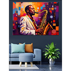 Saksafon Çalan Caz Müzisyeni Dekoratif Kanvas - Mdf Ahşap Tablo 50x70 cm