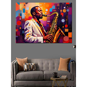 Saksafon Çalan Caz Müzisyeni Dekoratif Kanvas - Mdf Ahşap Tablo 50x70 cm