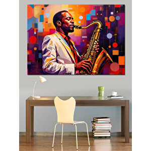 Saksafon Çalan Caz Müzisyeni Dekoratif Kanvas - Mdf Ahşap Tablo