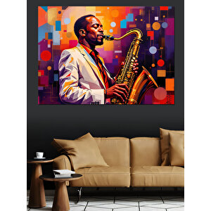 Saksafon Çalan Caz Müzisyeni Dekoratif Kanvas - Mdf Ahşap Tablo 35x50 cm