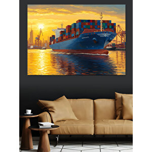 Konteyner Gemisi Günbatımı Dekoratif Kanvas - Mdf Ahşap Tablo