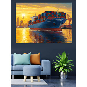 Konteyner Gemisi Günbatımı Dekoratif Kanvas - Mdf Ahşap Tablo