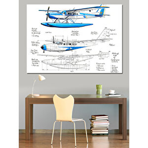 Mavi Uçak Teknik Çizimi Dekoratif Kanvas - Mdf Ahşap Tablo 100x140 cm