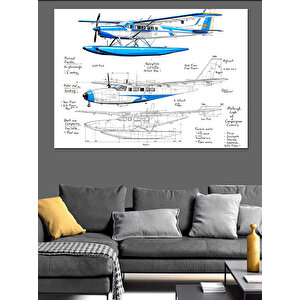 Mavi Uçak Teknik Çizimi Dekoratif Kanvas - Mdf Ahşap Tablo 100x140 cm