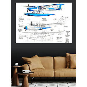 Mavi Uçak Teknik Çizimi Dekoratif Kanvas - Mdf Ahşap Tablo 100x140 cm