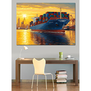 Konteyner Gemisi Günbatımı Dekoratif Kanvas - Mdf Ahşap Tablo 35x50 cm