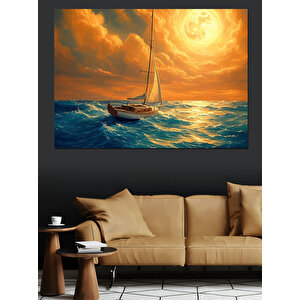 Altın Işıklı Yelkenli Gemi Dekoratif Kanvas - Mdf Ahşap Tablo 100x140 cm